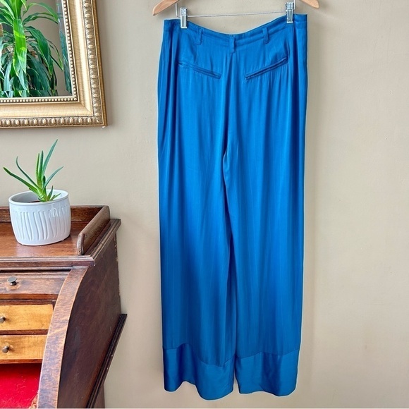 Anthropologie Elevenses Turquoise Blue Wide Leg Satin Trouser Pants Size 4 - Picture 4 of 13